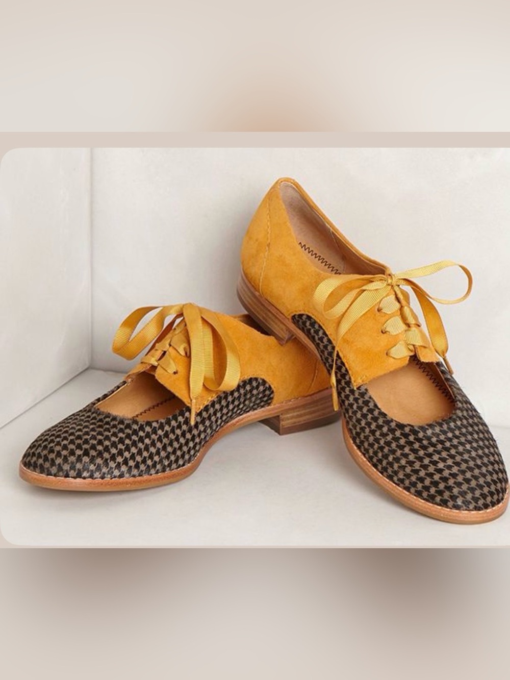 Anthropologie And The Letterpress Houndstooth Suede Ribbon Lace Oxford Flats Sz6